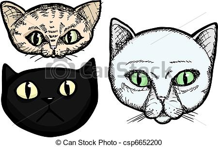 450x303 Three Cat Heads. Three Hand Drawn Cat Head Portrait Vector