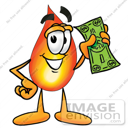 450x450 Clip Art Graphic Of A Fire Cartoon Character Holding A Dollar Bill