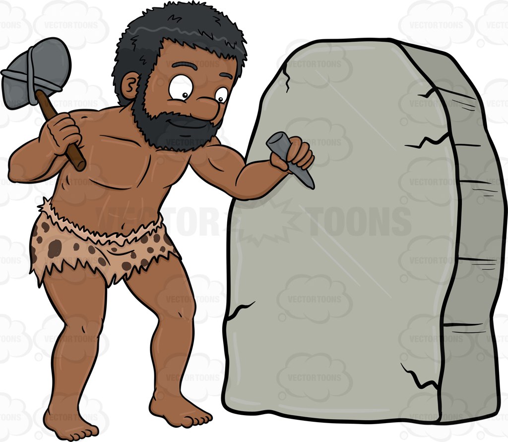 1024x891 A Black Caveman Cheerfully Works On A Solid Rock Cartoon Clipart
