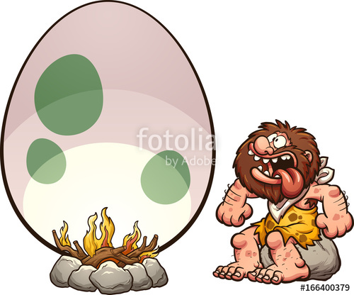 500x416 Hungry Cartoon Caveman Cooking A Giant Egg. Vector Clip Art