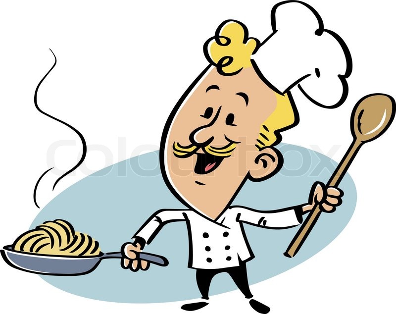800x634 Smiling Chef With A Skillet With Spaghetti Stock Vector Colourbox