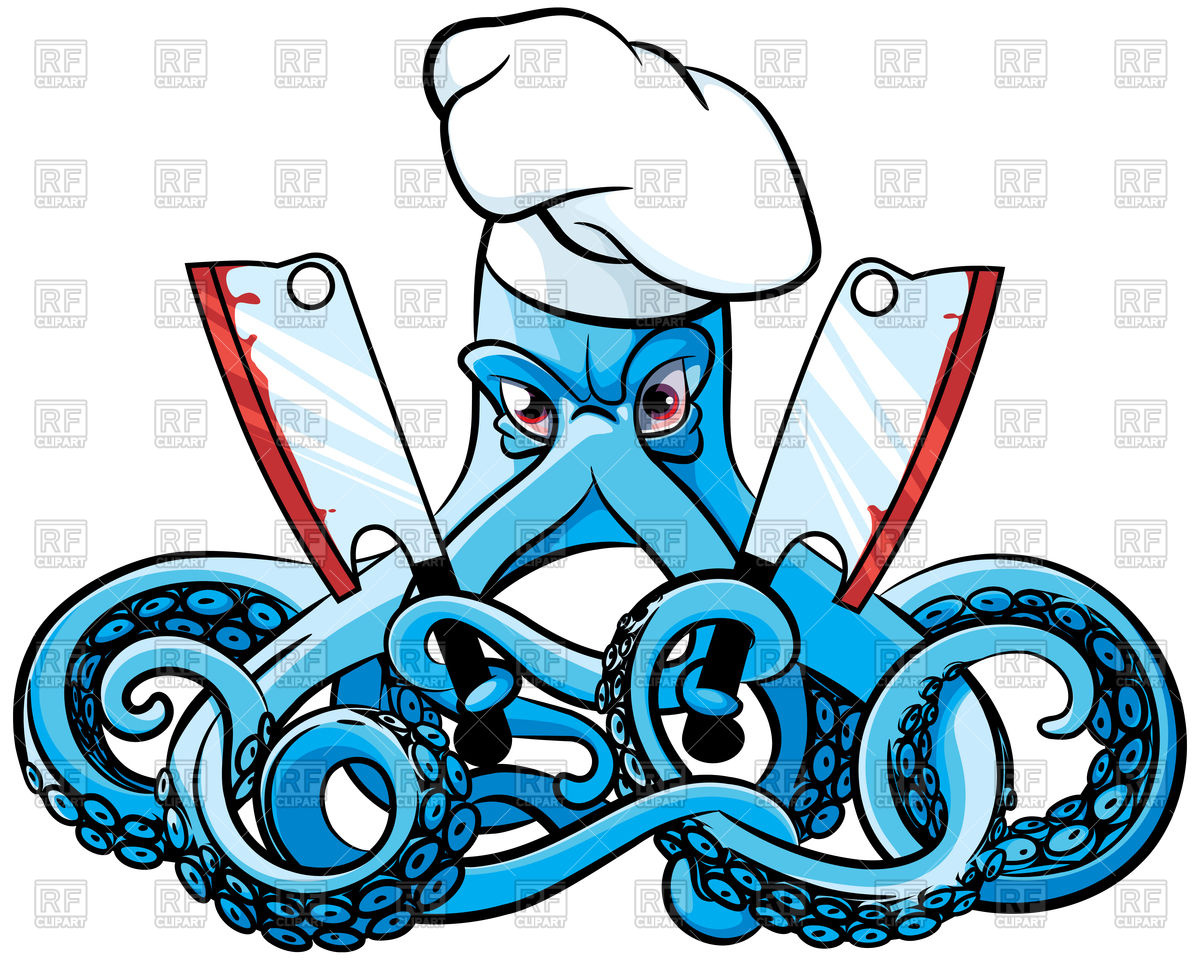 1200x960 Cartoon Octopus In Chef's Hat With Two Cleavers Royalty Free