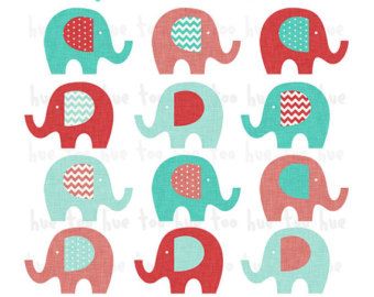 340x270 Instant Download Red Aqua Elephant Clip Art, Turquoise Blue
