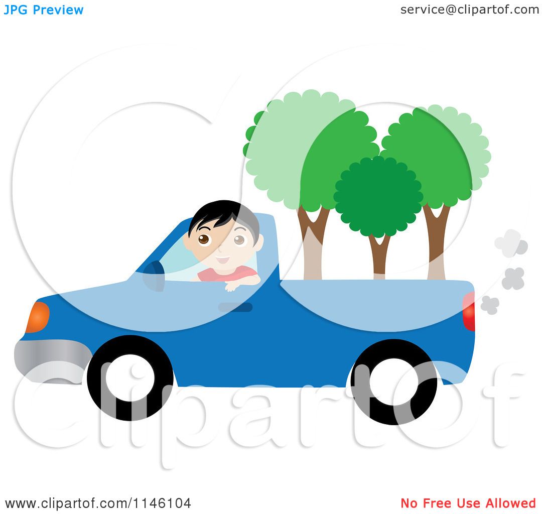 1080x1024 Clipart Of A Boy Driving A Blue Pickup Truck With Trees In The Bed