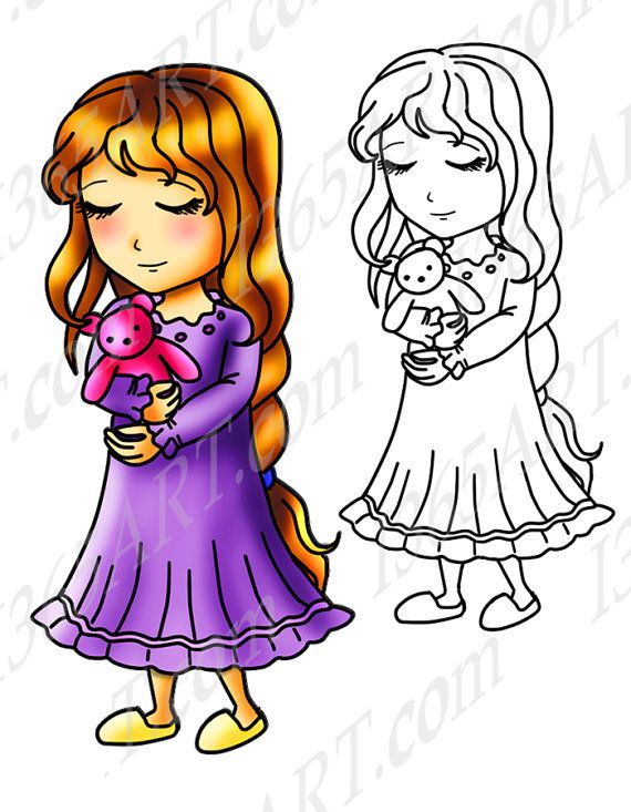 570x733 Bedtime Girl, Clipart, Digital Stamp, Teddy Bear, Anime Chibi