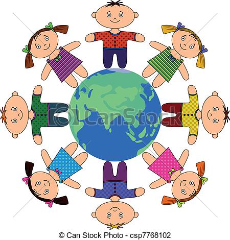 450x470 Happy Children Standing Around Earth, Holding Hands And Vector