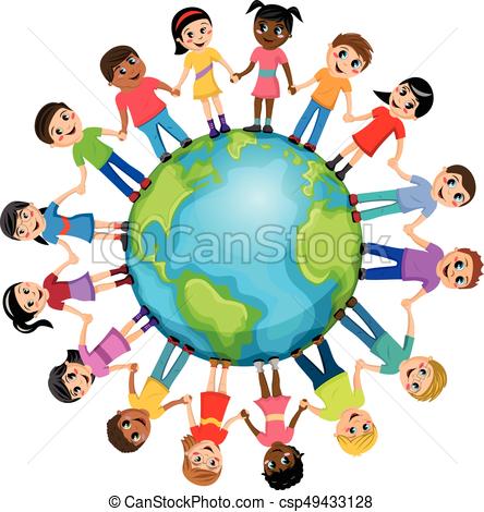 444x470 Children Kids Hand Around World Isolated. Children Or Kids