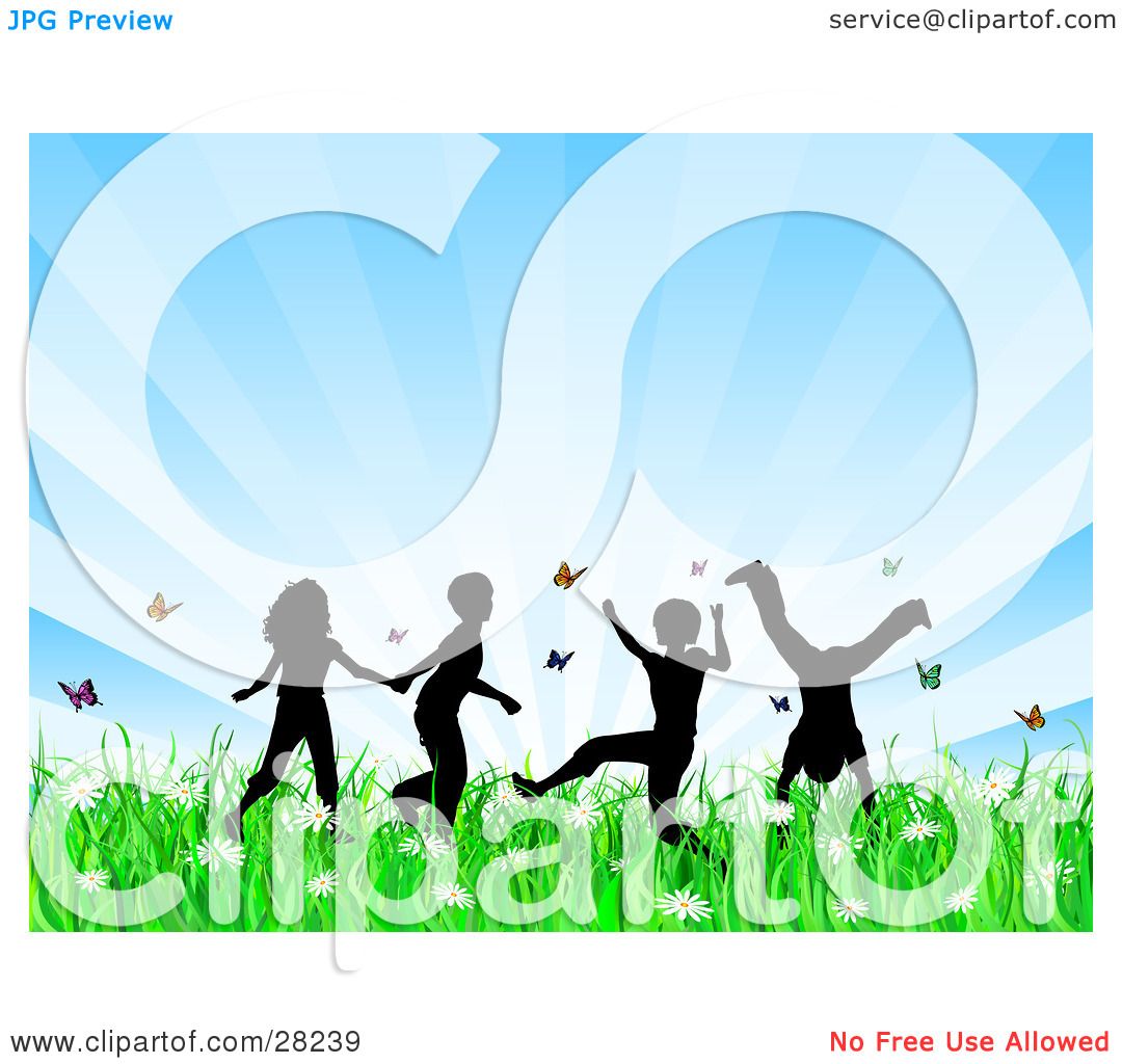 1080x1024 Clipart Illustration Of Four Silhouetted Children Running, Holding