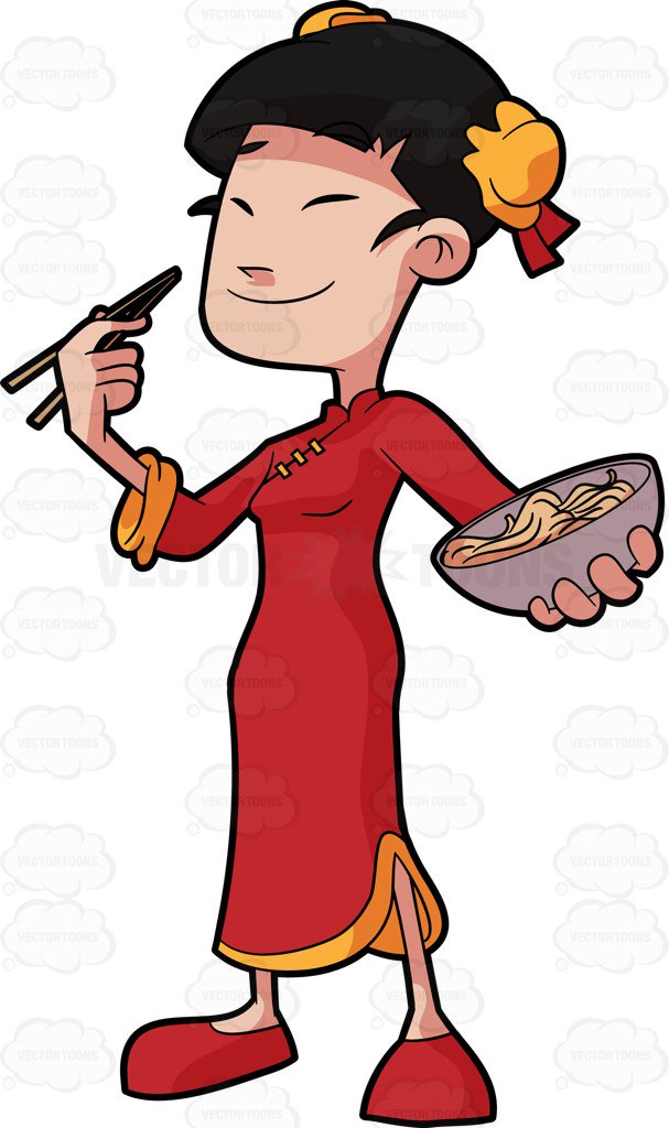 607x1024 A Chinese Woman Eating Noodles Cartoon Clipart Vector Toons