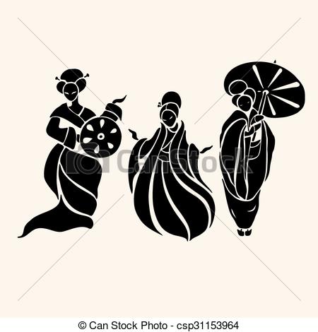 450x470 Beautiful Chinese Women In Ethnic Style. Vector Illustration Clip