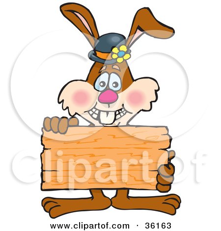 450x470 Clipart Illustration Of A Bunny Rabbit Holding Up A Blank Wooden