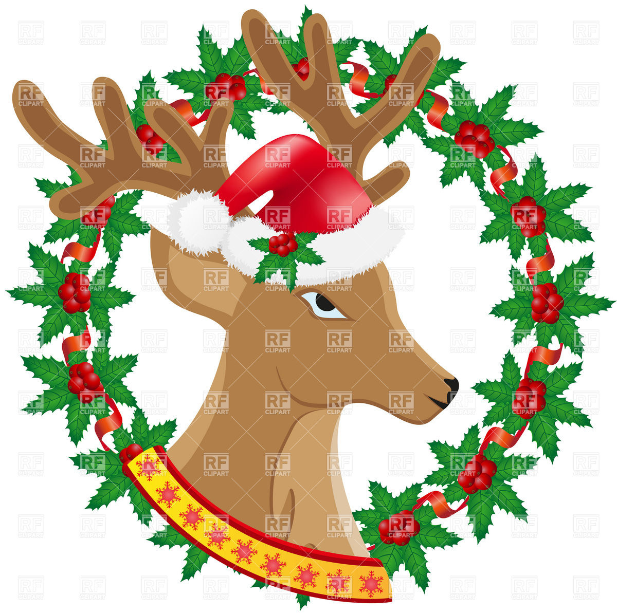 1200x1195 Christmas Deer And Wreath Of Holly Berries Royalty Free Vector