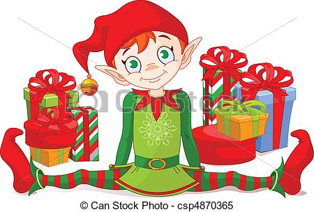 450x305 Christmas Elf With Gifts. Christmas Elf Sitting With A Pile