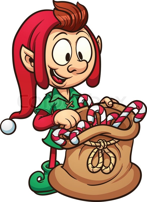 585x800 Cute Cartoon Christmas Elf With A Bag Of Candy. Vector Clip Art