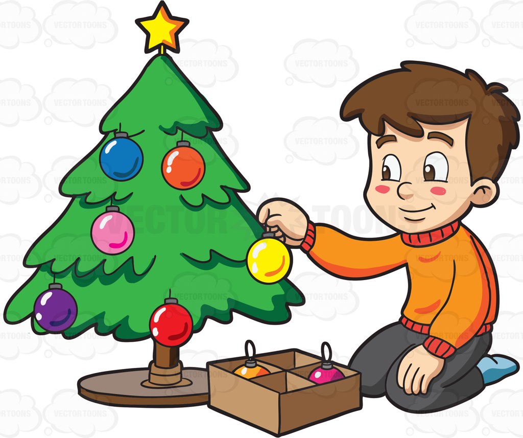 1024x857 A Boy Decorating A Christmas Tree Cartoon Clipart Vector Toons