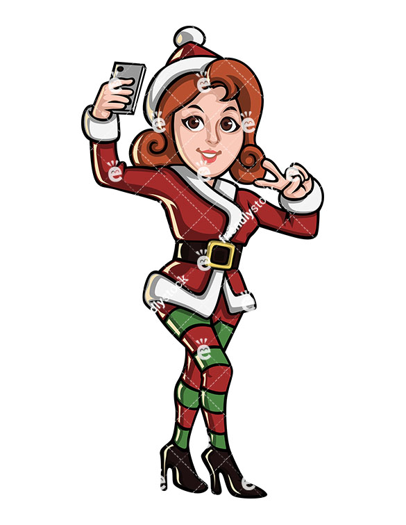 585x755 Christmas Girl Taking Selfie With Smartphone Cartoon Vector