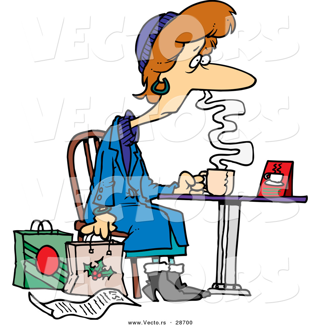 1024x1044 Cartoon Vector Of A Tired Female Christmas Shopper Drinking Coffee