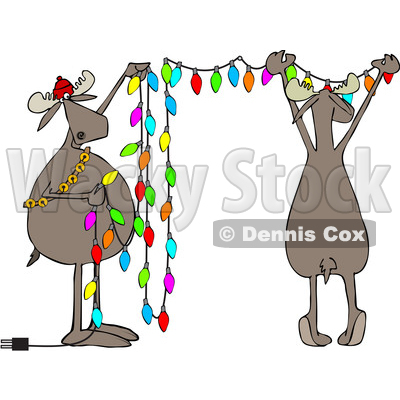 400x400 Clipart Of Cartoon Two Festive Moose Hanging Christmas Lights