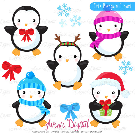 570x570 Christmas Penguins Clipart Scrapbook Printables, Holiday Clip Art