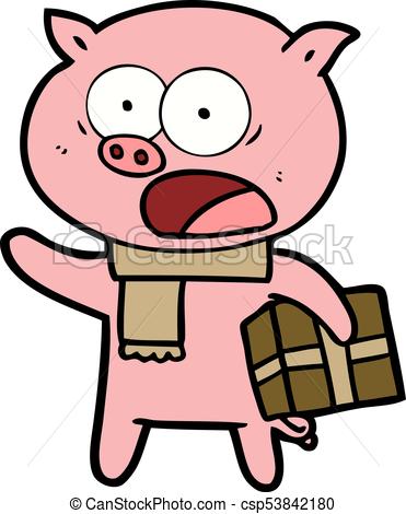 371x470 Cartoon Pig With Christmas Present Vector