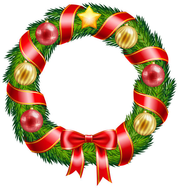 573x600 Christmas Wreath With Ornaments And Red Bow Clipart Png Image