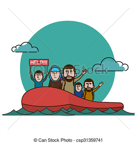 450x470 Syrian Refugees On Boat. Civil War In Syria Drawing