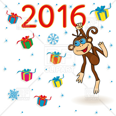 400x400 Background With Monkey, Many Gifts And Snowflakes