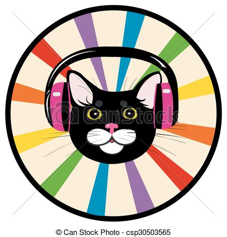 450x470 Cat Music Headphones. Black Cat Listening To Music On Clip Art