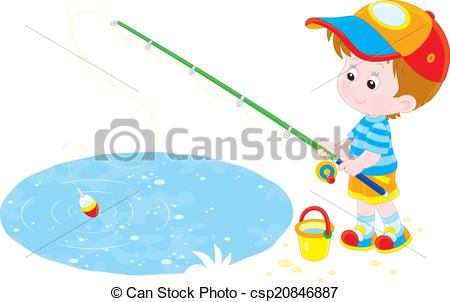 450x302 Fisherman. Little Boy Fishing On A Small Pond Vector