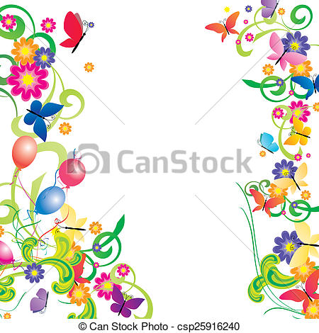 450x470 Flowers, Butterflies And Balloons Colorful Frame Drawing