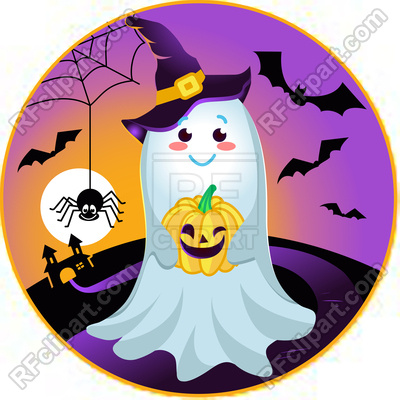400x400 Halloween Smiling, Kind Ghost Holding Pumpkin Royalty Free Vector