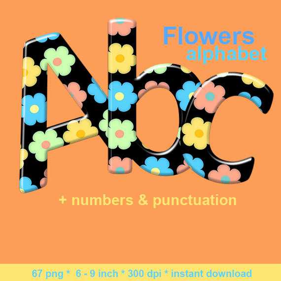 570x570 Flower Alphabet Clipart, Hippie Letters, Printable Pastel Font