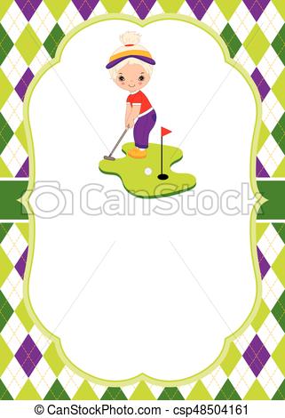 321x470 Vector Card Template With Little Girl Playing Golf. Argyle Clip