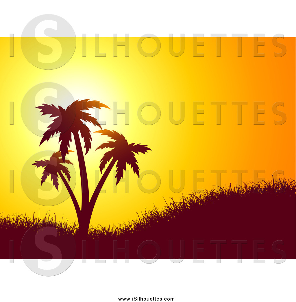 1024x1044 Clipart Of An Orange Sunset Silhouetting A Grassy Hill And Palm