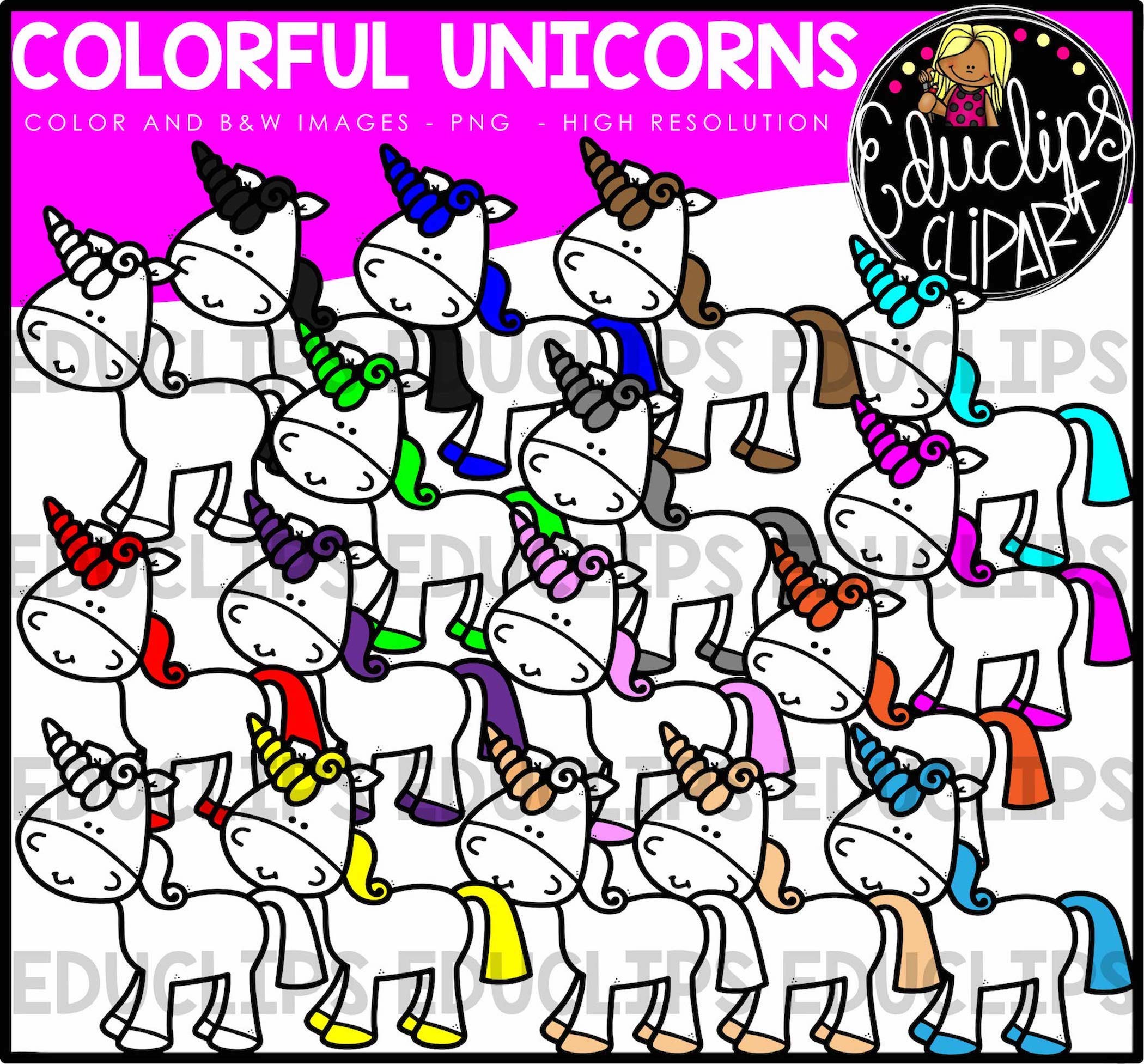 2100x1953 Colorful Unicorns Clip Art Bundle (Color And Bampw)