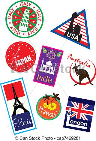 320x470 Country Travel Sticker Set Vector Clip Art