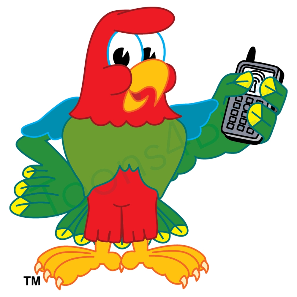 1000x1000 Parrot Mascot Holding Phone Clip Art