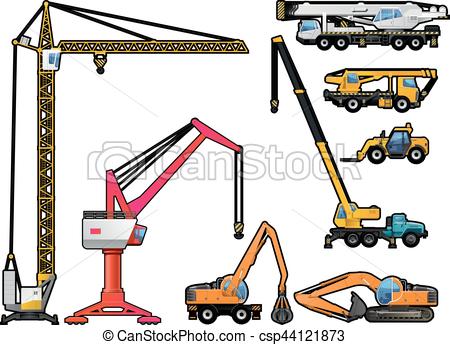 450x345 Set Of Cranes, Forklift And Excavator. Vector Illustration