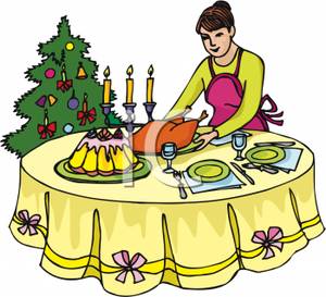 300x273 Cartoon Of Woman Placing Cooked Turkey On Dinner Table,