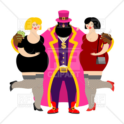 400x400 Pimp In Pink Costume And Prostitutes Royalty Free Vector Clip Art