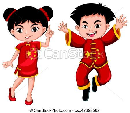450x389 Chinese Boy And Girl In Red Costume Illustration Clip Art Vector