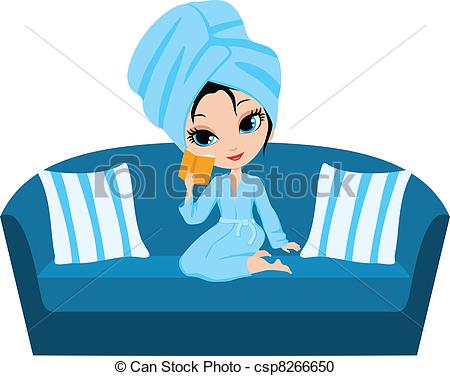 450x376 Woman Cartoon In A Towel On A Sofa. Vector Clipart