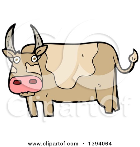 450x470 Clipart Of A Cartoon Black And White Lineart Long Haired Cow Bull