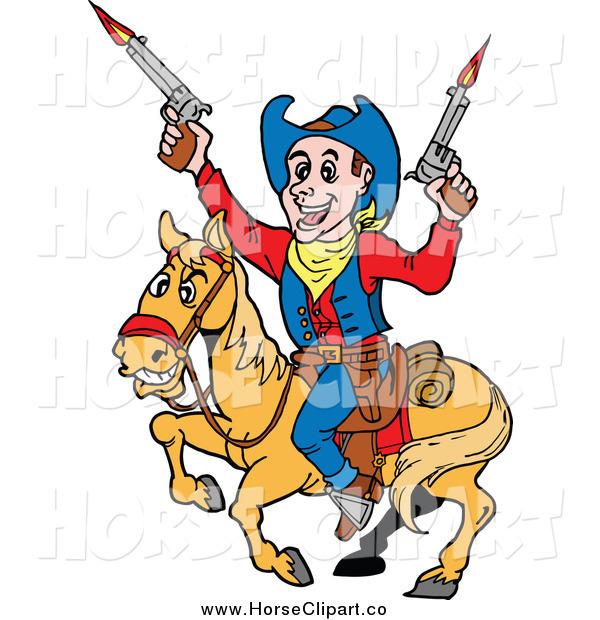 600x620 Clip Art Of A Cowboy Firing Guns On Horseback By Lafftoon