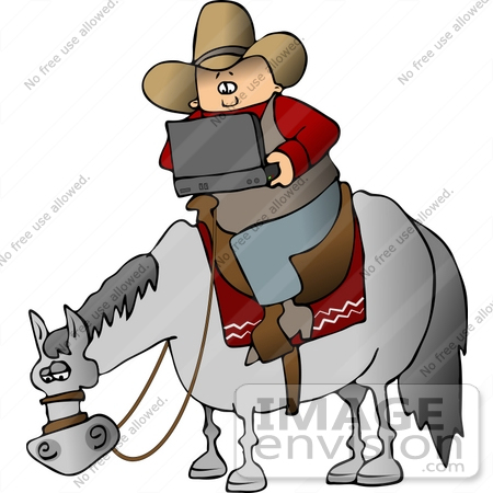 450x450 Clipart Of A High Tech Cowboy Using A Laptop Computer On A Horse