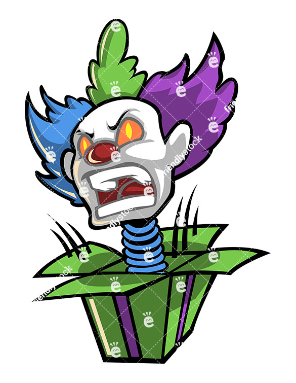 585x755 Scary Clown Head Jumping Out On A Spring From A Surprise Box
