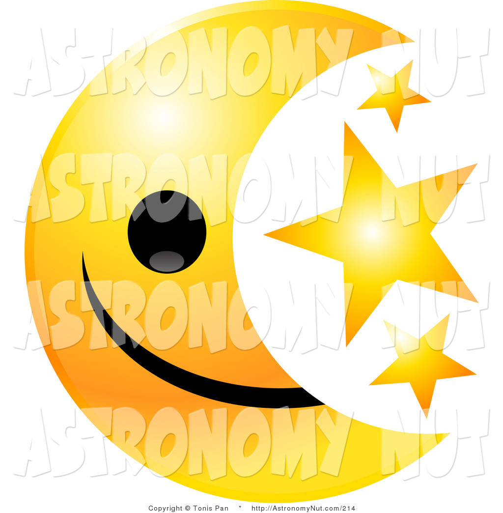 1024x1044 Clipart Of A Crescent Yellow Moon Emoticon Face With Three Golden
