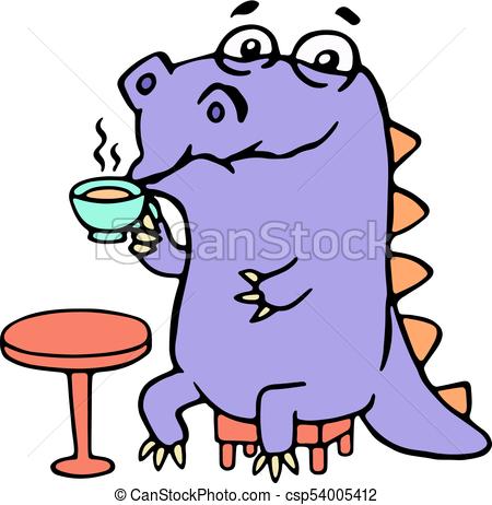 450x462 Cartoon Purple Croc Drinking Coffee. Vector Illustration