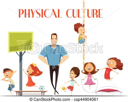 450x361 Physical Culture Lesson Retro Cartoon Illustration. Primary