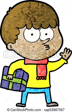 303x470 Cartoon Curious Boy Carrying A Gift Clip Art Vector